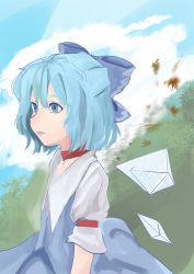 Rule 34 | 1girl, absurdres, blue bow, blue dress, blue eyes, blue hair, blue lips, blue sky, bow, choker, cirno, cloud, commentary request, day, dress, hair between eyes, hair bow, highres, ice, ice wings, koorihibari, leaf, lipstick, makeup, outdoors, puffy short sleeves, puffy sleeves, red choker, shirt, short hair, short sleeves, sky, solo, touhou, upper body, white shirt, wings