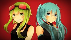 Rule 34 | 2girls, bad id, bad pixiv id, bare shoulders, blue eyes, blue hair, chizuru (ambient), detached sleeves, goggles, goggles on head, green eyes, green hair, gumi, hatsune miku, long hair, multiple girls, necktie, simple background, smile, twintails, vest, vocaloid
