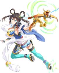 Rule 34 | 1girl, aqua eyes, arrow (projectile), boots, bowgun, breasts, cleavage, emerane, flute, full body, hair ornament, holding, holding weapon, instrument, large breasts, official art, open mouth, oshiro project:re, oshiro project:re, quiver, short shorts, shorts, solo, takiyama (oshiro project), thigh boots, thighhighs, transparent background, weapon