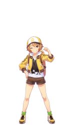 Rule 34 | 1girl, baseball cap, brown eyes, brown hair, brown shorts, character name, cowboy shot, emblem, grass, grin, hand on own hip, hat, highres, hood, hooded jacket, jacket, official art, one eye closed, open clothes, open jacket, outdoors, pointing, pointing at self, satake mei, short eyebrows, short hair, short shorts, shorts, simple background, smile, solo, sparkle, tachi-e, thick eyebrows, transparent background, umamusume, yellow jacket