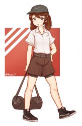 Rule 34 | 1girl, bag, brown eyes, brown hair, collarbone, duffel bag, full body, hat, highres, jacy, kantai collection, looking at viewer, parted lips, ryuujou (kancolle), shoes, short hair, short sleeves, short twintails, sneakers, solo, twintails, twitter username, under armour