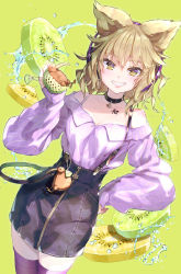 Rule 34 | 1girl, alternate costume, bare shoulders, bird, black choker, black skirt, blonde hair, blouse, breasts, chest tattoo, choker, cleavage, collarbone, commentary request, cowboy shot, earmuffs, food, fruit, green background, grin, hair between eyes, hand on own hip, hand up, highres, holding, kiwi (bird), kiwi (fruit), kiwi slice, long sleeves, looking at viewer, narrow waist, off-shoulder shirt, off shoulder, pointy hair, purple shirt, shirt, short hair, simple background, skinny, skirt, sleeves past wrists, smile, solo, standing, suspender skirt, suspenders, syuri22, tattoo, thighhighs, touhou, toyosatomimi no miko, yellow eyes, zettai ryouiki