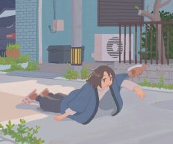 Rule 34 | 1girl, black pants, blue jacket, brown eyes, brown hair, car, clothes grab, commentary, dog, dot nose, dragging, flying animal, grate, hair strand, half-closed eyes, hanten (clothes), highres, house, jacket, long sleeves, lying, medium hair, morning, motor vehicle, muji (uimss), on stomach, open clothes, open jacket, open mouth, original, outdoors, pants, railing, sewer grate, shirt, sidewalk, sleepy, slippers, sweatpants, tree, utility pole, white shirt