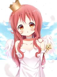 Rule 34 | 1girl, bare shoulders, blush, breasts, brown eyes, collarbone, commentary request, day, detached sleeves, deyui, dress, feathered wings, feathers, gochuumon wa usagi desu ka?, head tilt, highres, keyhole, long hair, looking at viewer, mini wings, natsu megumi, parted lips, red hair, small breasts, solo, star (symbol), strapless, strapless dress, very long hair, white dress, white feathers, white sleeves, white wings, wings