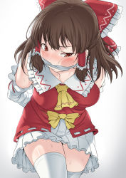 Rule 34 | 1girl, anoni-chan, arms behind back, ascot, bdsm, bondage, bound, bow, breasts, brown hair, cloth gag, commentary, commission, detached sleeves, english commentary, gag, hair bow, hair ribbon, hair tubes, hakurei reimu, highres, improvised gag, large breasts, leaning forward, red eyes, ribbon, solo, sweat, tears, thighhighs, touhou, white thighhighs, zettai ryouiki