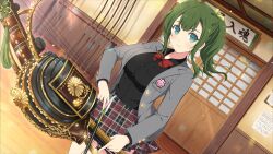 Rule 34 | 1girl, archery, architecture, arrow (projectile), black shirt, blazer, blush, bow (weapon), breasts, closed mouth, drawing bow, east asian architecture, green eyes, green hair, highres, hiyori (senran kagura), holding, holding arrow, holding bow (weapon), holding weapon, jacket, large breasts, long sleeves, looking at viewer, official art, open clothes, open jacket, plaid, plaid skirt, pleated skirt, ponytail, school uniform, senran kagura, senran kagura new link, shirt, shouji, skirt, sliding doors, solo, weapon, wooden floor, yaegashi nan