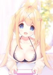 Rule 34 | 1girl, amamiya mei, animal ear fluff, animal ears, blonde hair, blue eyes, blue nails, blurry, blurry background, breasts, camisole, cleavage, clothes down, commentary request, fox ears, fox girl, fox tail, hair between eyes, hair ornament, handheld game console, highres, long hair, looking at viewer, lying, medium breasts, mofu-mofu after school, mofumofu channel, on stomach, open mouth, p19, sidelocks, sleeves past wrists, smile, solo, sweater, tail, twintails, white sweater, x hair ornament