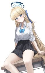 Rule 34 | 1girl, black skirt, blonde hair, blue archive, blue eyes, blue halo, bow, bowtie, breasts, commentary, desk, halo, highres, hime cut, long hair, mansu (user pnmp4287), medium breasts, on desk, pleated skirt, shirt, sitting, on desk, skirt, solo, toki (blue archive), white shirt