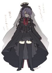 Rule 34 | 1girl, alternate costume, artist name, black dress, black thighhighs, breasts, brown eyes, cleavage, closed mouth, dress, expressionless, eyepatch, hair over one eye, highres, kantai collection, kotobuki (momoko factory), large breasts, long sleeves, looking at viewer, messy hair, purple hair, short hair, sketch, solo, tenryuu (kancolle), thighhighs, translation request, twitter username