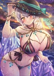Rule 34 | 1girl, absurdres, alicia renato (yashiro sousaku), bare shoulders, bikini, black bikini, black hat, blush, bracelet, breasts, cleavage, closed mouth, commentary request, commission, green nails, grey hair, hat, heterochromia, highres, jewelry, large breasts, looking at viewer, nail polish, navel, nyamaso, original, outdoors, red eyes, see-through, smile, solo, swimsuit, water, wet, yellow eyes