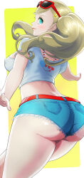 Rule 34 | 1girl, absurdres, ass, ass focus, belt, blonde hair, blue eyes, blush, breasts, denim, denim shorts, eyewear on head, facing away, highres, large breasts, lipstick, long hair, looking at viewer, looking back, makeup, midriff, nail polish, neucia, official alternate costume, persona, persona 5, persona 5 scramble: the phantom strikers, pocket, shirt, short shorts, short sleeves, short twintails, shorts, simple background, solo, sunglasses, takamaki anne, twintails, white shirt