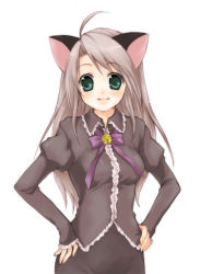 Rule 34 | 1girl, ahoge, animal ears, bell, cat ears, green eyes, grey hair, hands on own hips, jingle bell, juliet sleeves, long hair, long sleeves, looking at viewer, original, puffy sleeves, ribbon, simple background, smile, solo, usashiro mani, white background