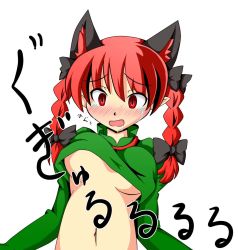 Rule 34 | 1girl, akatsubon, animal ears, blouse, blush, braid, breasts, cat ears, clothes lift, female focus, green shirt, kaenbyou rin, midriff, pointy ears, red hair, shirt, shirt lift, simple background, small breasts, solo, tears, touhou, twin braids, underboob, white background