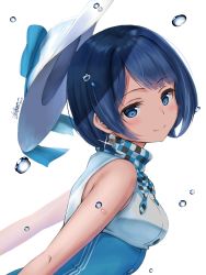 Rule 34 | 1girl, blue eyes, blue hair, blue scarf, breasts, checkered clothes, checkered scarf, commentary request, earrings, highres, jewelry, looking at viewer, medium breasts, scarf, short hair, simple background, smile, solo, suntory, suntory nomu, virtual youtuber, white background, yukinoshiro