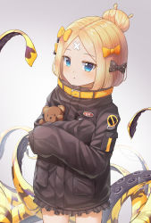 Rule 34 | 1girl, abigail williams (fate), abigail williams (traveling outfit) (fate), absurdres, artist request, bandaid, bandaid on face, bandaid on forehead, belt, black bow, black jacket, blonde hair, blue eyes, blush, bow, breasts, closed mouth, crossed bandaids, fate/grand order, fate (series), forehead, hair bow, hair bun, heroic spirit traveling outfit, high collar, highres, jacket, long hair, long sleeves, looking at viewer, multiple hair bows, official alternate costume, orange belt, orange bow, parted bangs, polka dot, polka dot bow, pout, puffy cheeks, single hair bun, sleeves past fingers, sleeves past wrists, small breasts, tentacles