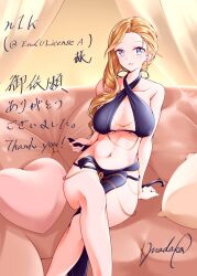 Rule 34 | 1girl, alternate costume, azur lane, bare legs, bare shoulders, blonde hair, blue eyes, breasts, collarbone, commentary request, commission, couch, criss-cross halter, crossed legs, earrings, feet out of frame, halterneck, heart, heart-shaped pillow, highres, hood (azur lane), jewelry, madakov kodima, medium breasts, meme attire, navel, no bra, pelvic curtain, pillow, signature, single earring, sitting, skeb commission, solo, stomach, translation request, yomorio lingerie