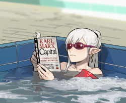 Rule 34 | 1girl, bare shoulders, blurry, blurry background, book, chain, chain earrings, earrings, gogalking, goggles, hands up, highres, hot tub, jewelry, karl marx, long hair, open book, original, partially submerged, pointy ears, ponytail, reading, solo, vampire (gogalking), water, white hair