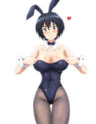 Rule 34 | 1girl, animal ears, bare shoulders, black bow, black bowtie, black hair, black leotard, blush, bow, bowtie, brave witches, breasts, brown eyes, closed mouth, collarbone, covered navel, fishnet pantyhose, fishnets, groin, heart, hiro yoshinaka, large breasts, leotard, looking at viewer, pantyhose, rabbit ears, rabbit girl, shimohara sadako, short hair, simple background, smile, solo, white background, world witches series