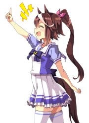 Rule 34 | 1girl, animal ears, arm up, bow, bowtie, brown hair, closed eyes, commentary request, frilled skirt, frills, hair flaps, high ponytail, highres, horse ears, horse girl, horse tail, horseshoe ornament, index finger raised, long hair, macaroni hourensou, multicolored hair, open mouth, pleated skirt, puffy short sleeves, puffy sleeves, purple bow, purple bowtie, purple shirt, school uniform, shirt, short sleeves, skirt, smile, solo, streaked hair, tail, thighhighs, tokai teio (umamusume), tracen school uniform, two-tone hair, umamusume, white hair, white skirt, white thighhighs