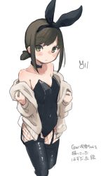 Rule 34 | 1girl, absurdres, alternate costume, black choker, black leotard, black thighhighs, blush, breasts, brown hair, choker, closed mouth, fishnet thighhighs, fishnets, fubuki (kancolle), garter straps, green eyes, highres, jacket, kantai collection, leotard, looking at viewer, low ponytail, ma rukan, pantyhose, playboy bunny, short ponytail, signature, simple background, sketch, small breasts, solo, thighhighs, translation request, white background
