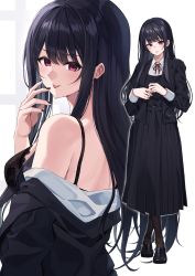 Rule 34 | 1girl, :p, absurdres, bare shoulders, black bra, black footwear, black jacket, black nails, black pantyhose, bra, breasts, crossed legs, full body, hand up, highres, jacket, kurousagi yuu, loafers, long hair, long skirt, long sleeves, looking at viewer, medium breasts, mole, multiple views, nail polish, neck ribbon, off shoulder, open clothes, open jacket, original, pantyhose, parted lips, pleated skirt, purple eyes, red ribbon, ribbon, school uniform, shoes, simple background, skirt, smile, standing, tongue, tongue out, underwear, watson cross, white background