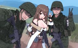 Rule 34 | 1girl, 2boys, assault rifle, bebetang, black gloves, black pantyhose, blush, breasts, brown eyes, brown hair, cleavage, collarbone, daewoo k2, day, girls&#039; frontline, gloves, gun, hair ornament, hairclip, hand on own hip, highres, k2 (girls&#039; frontline), large breasts, long hair, looking at viewer, multiple boys, open mouth, outdoors, pantyhose, rifle, smile, soldier, thighband pantyhose, weapon