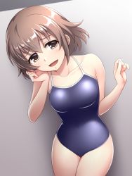 Rule 34 | 1girl, bare arms, bare legs, blue one-piece swimsuit, blush, breasts, brown eyes, brown hair, collarbone, competition school swimsuit, competition swimsuit, covered navel, cowboy shot, day, gradient background, hair between eyes, hand on own chin, head rest, idolmaster, idolmaster cinderella girls, indoors, kita hinako, looking at viewer, medium breasts, one-piece swimsuit, open mouth, pataneet, school swimsuit, short hair, smile, solo, standing, swimsuit, wall