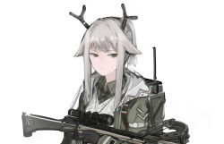 Rule 34 | 1girl, antlers, arknights, black gloves, bow (weapon), closed mouth, collar, collared shirt, crossbow, dated commentary, firewatch (arknights), frown, gloves, green eyes, grey hair, highres, holding, holding bow (weapon), holding crossbow, holding weapon, hood, hood down, hoodie, horns, long hair, long sleeves, looking at viewer, ponytail, rampart1028, reindeer antlers, scope, shirt, sidelocks, simple background, solo, upper body, weapon, white background