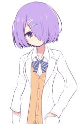 Rule 34 | .live, 1girl, bad id, bad pixiv id, bow, collared shirt, dress shirt, hair ornament, hair over one eye, hairclip, hands in pockets, kiso azuki, lab coat, long sleeves, looking at viewer, purple eyes, purple hair, school uniform, shirt, short hair, simple background, solo, striped, striped bow, sweater vest, virtual youtuber, white background, white shirt, x hair ornament, yuukagen (poipoipopoino)
