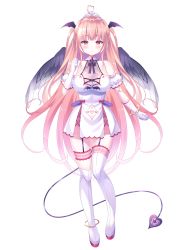 Rule 34 | 1girl, absurdres, ahoge, anklet, bare shoulders, black ribbon, black wings, blush, boots, breasts, brown hair, cleavage, closed mouth, commentary request, copyright request, demon girl, demon tail, demon wings, detached sleeves, dress, elbow gloves, feathered wings, full body, gloves, head wings, heart, heart ahoge, highres, indie virtual youtuber, jewelry, long hair, medium breasts, mini wings, nanohana kohina, neck ribbon, puffy short sleeves, puffy sleeves, red eyes, ribbon, short sleeves, simple background, sleeveless, sleeveless dress, smile, solo, tail, thigh boots, thighhighs, tiara, two side up, very long hair, virtual youtuber, white background, white dress, white footwear, white gloves, white sleeves, white thighhighs, wings