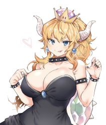 Rule 34 | 1girl, :p, armlet, bad id, bad pixiv id, bare shoulders, black collar, black dress, black nails, blonde hair, blue eyes, bowsette, bracelet, breasts, cleavage, collar, cpqm, crown, dress, earrings, gem, highres, horns, jewelry, large breasts, long hair, looking at viewer, mario (series), nail polish, new super mario bros. u deluxe, nintendo, pointy ears, ponytail, sharp teeth, simple background, smile, solo, spiked armlet, spiked bracelet, spiked collar, spiked shell, spikes, strapless, strapless dress, super crown, teeth, tongue, tongue out, turtle shell, upper body, white background