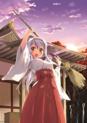 Rule 34 | 1girl, ahoge, bad id, bad pixiv id, blush, box, broom, brown eyes, donation box, hairband, hajime kazuhito, japanese clothes, long hair, long sleeves, looking at viewer, miko, open mouth, original, shrine, silver hair, smile, solo, sunset, wide sleeves