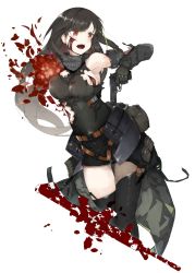 Rule 34 | 1girl, arm strap, armpits, assault rifle, asymmetrical legwear, bandana, beretta 92, black hair, black shorts, black sweater, blood, blood on face, breasts, brown hair, commentary request, detached sleeves, drawing gun, eques mikumiku, gauntlets, girls&#039; frontline, gloves, gun, handgun, highres, holding, holding gun, holding weapon, long hair, m4a1 (girls&#039; frontline), m4a1 (mod3) (girls&#039; frontline), mod3 (girls&#039; frontline), multicolored hair, open mouth, pouch, ribbed sweater, rifle, shorts, single thighhigh, solo, streaked hair, sweater, sweater vest, thigh strap, thighhighs, thighs, torn clothes, uneven legwear, weapon, white background