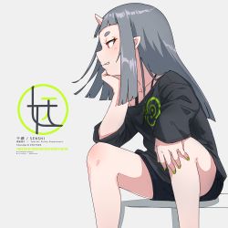 Rule 34 | 1girl, black shirt, black shorts, blunt bangs, collarbone, feet out of frame, fingernails, from side, green nails, grey background, head rest, highres, horns, kuro kosyou, long hair, long sleeves, nail polish, oni, oni horns, original, pointy ears, red eyes, shadow, shirt, shorts, simple background, single horn, sitting, sleeves past wrists, slouching, solo, spread legs, strap, teeth