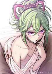 Rule 34 | 1girl, all fours, between legs, black mask, blush, breasts, brown pants, clothes pull, collarbone, dated, downblouse, fei luo mao, genshin impact, green hair, hair between eyes, hair ornament, hand up, highres, kuki shinobu, leaning on person, looking at viewer, mask, mask pull, mouth mask, nipples, no bra, one breast out, pants, pov, purple eyes, rope, shimenawa, short ponytail, sidelocks, single bare shoulder, small breasts, sweat, sweater, sweater pull, white sweater