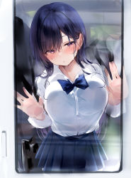 Rule 34 | 1girl, against glass, bag, black hair, blue neckwear, blue skirt, blush, breast press, breasts, closed mouth, collared shirt, commentary request, hair between eyes, highres, large breasts, long hair, nekomugiharu, original, pleated skirt, purple eyes, reflection, school bag, school uniform, shirt, shirt tucked in, skirt, solo focus, train interior, white shirt