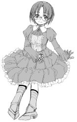 Rule 34 | 1girl, aiko (renkin san-kyuu magical pokaan), arm support, ascot, dress, frilled dress, frills, glasses, greyscale, hand on lap, joints, juliet sleeves, long sleeves, monochrome, puffy sleeves, renkin san-kyuu magical pokaan, robot joints, satou atsuki, short hair, sitting, smile, solo