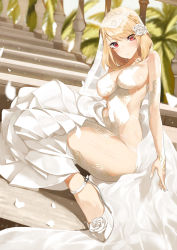 Rule 34 | 1girl, azur lane, blonde hair, blurry, blurry background, blush, braid, breasts, cleavage, covered navel, crown braid, depth of field, dress, flower, foreshortening, full body, hair flower, hair ornament, high heels, highres, large breasts, long dress, long sleeves, looking at viewer, medium hair, palm tree, parted lips, petals, prince of wales (azur lane), red eyes, see-through, sitting, solo, throtem, tree, veil, wedding dress, white dress
