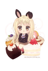 Rule 34 | 1girl, :d, animal ears, bad id, bad pixiv id, black footwear, black jacket, blazer, blonde hair, blush, brown eyes, brown hair, brown skirt, cake, cake slice, chibi, collared shirt, commentary request, food, food on face, foreign blue, highres, holding, holding food, jacket, kneehighs, loafers, long hair, looking at viewer, open mouth, original, plaid, plaid skirt, pleated skirt, rabbit ears, red socks, shirt, shoes, sitting, skirt, smile, socks, solo, sparkle, teeth, upper teeth only, very long hair, watermark, web address, white background, white shirt