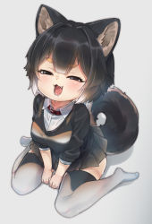 Rule 34 | 1girl, :3, :d, animal ear fluff, animal ears, between legs, black eyes, black hair, black skirt, collar, dog ears, dog girl, dog tail, fang, gradient hair, grey background, hand between legs, looking at viewer, multicolored hair, no shoes, nyifu, open mouth, original, pleated skirt, short hair, simple background, sitting, skirt, smile, solo, squinting, tail, thighhighs, wariza, white hair, wing collar