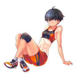 Rule 34 | 1girl, abs, ahoge, arm support, armpits, bare shoulders, bike shorts, black eyes, black hair, black sports bra, blunt bangs, breasts, closed mouth, commentary, crossed ankles, expressionless, fujisawa takashi, highres, knee brace, looking at viewer, midriff, navel, orange footwear, orange shorts, orange sports bra, original, raised eyebrows, shoes, short hair, shorts, simple background, sitting, small breasts, sneakers, solo, sports bra, track and field, white background, white footwear