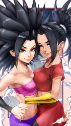 Rule 34 | 2girls, absurdres, arms around waist, asymmetrical docking, bare shoulders, black hair, bracer, breast press, breasts, caulifla, cleavage, collarbone, couple, dragon ball, dragon ball super, earrings, eyes visible through hair, hands on own hips, highres, hug, jewelry, kale (dragon ball), kanchiyo, long hair, looking at viewer, multiple girls, navel, parted bangs, saiyan, shorts, shorts under skirt, skindentation, skirt, smile, spiked hair, stomach, strapless, tube top, yuri