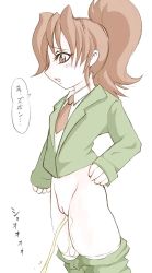 Rule 34 | 1girl, blush, bottomless, brown eyes, brown hair, brown neckwear, cleft of venus, green jacket, hand on own hip, jacket, long hair, long sleeves, looking down, necktie, noise (lesion949), open mouth, peeing, ponytail, pussy, school uniform, shirt, smile, standing, uncensored, white background, white shirt