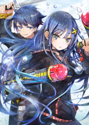 Rule 34 | 1boy, 1girl, ahoge, arms up, black jacket, black pants, blue eyes, blue hair, blush, breasts, brother and sister, commentary request, copyright request, dual wielding, earrings, glint, hair ornament, highres, holding, holding sword, holding weapon, jacket, jewelry, katana, keepout, long hair, long sleeves, looking at viewer, pants, parted lips, siblings, small breasts, smile, sword, tonfa, two-handed, v-shaped eyebrows, very long hair, water drop, weapon, x hair ornament