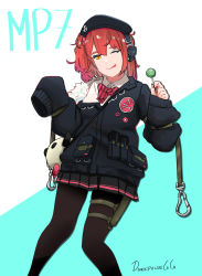 Rule 34 | 1girl, artist name, beret, black jacket, black pantyhose, black skirt, bow, bowtie, candy, character name, darkpulsegg, food, girls&#039; frontline, hat, headphones, highres, holding, holding candy, holding food, holding lollipop, holster, jacket, lollipop, long hair, looking at viewer, mp7 (girls&#039; frontline), one eye closed, pantyhose, red hair, shirt, simple background, skirt, solo, tongue, tongue out, white shirt, yellow eyes