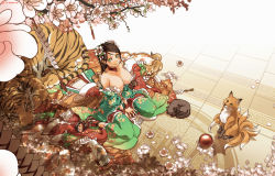 Rule 34 | 1girl, arm support, bare shoulders, between legs, bracelet, breasts, brown hair, cat, cherry blossoms, choker, circle a, cleavage, collarbone, flower, fox, from above, green eyes, hair flower, hair ornament, hand between legs, highres, jewelry, long hair, looking up, multiple tails, original, petals, sandals, shade, shide, sitting, solo, tail, tiger, tree, tree shade, wariza