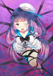 Rule 34 | 10s, 1girl, bdsm, blue eyes, blue hair, bondage, bound, colored inner hair, domotolain, hat, long hair, matching hair/eyes, multicolored hair, panty &amp; stocking with garterbelt, solo, stocking (psg), striped clothes, striped thighhighs, thighhighs, two-tone hair, wince