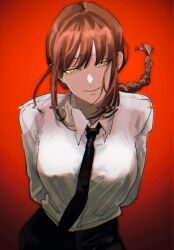 1girl arms_behind_back black_necktie black_pants braid chainsaw_man collared_shirt glitch half-closed_eyes highres leaning_forward looking_at_viewer makima_(chainsaw_man) momiage_40 necktie office_lady pants red_background red_hair ringed_eyes shirt shirt_tucked_in simple_background single_braid smile solo upper_body white_shirt yellow_eyes