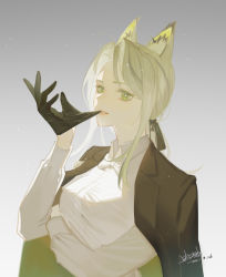 Rule 34 | 1girl, animal ear fluff, animal ears, arknights, biting, black gloves, black jacket, black ribbon, blouse, bow, bowtie, chongyou pomelo, collared shirt, commentary request, dated, glove biting, gloves, gradient background, green eyes, grey background, hair ribbon, hand up, highres, jacket, jacket on shoulders, kal&#039;tsit (arknights), light particles, long hair, long sleeves, looking at viewer, parted lips, ponytail, ribbon, ringed eyes, shirt, signature, solo, suit jacket, upper body, white bow, white bowtie, white hair, white shirt