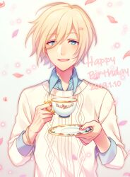 Rule 34 | 1boy, blonde hair, blue eyes, chiyu (silverxxxx), collared shirt, commentary request, cup, dated, ensemble stars!, hair between eyes, happy birthday, holding, holding cup, holding saucer, long sleeves, looking at viewer, male focus, open collar, open mouth, petals, saucer, shirt, short hair, solo, sweater, teacup, tenshouin eichi, upper body, white sweater